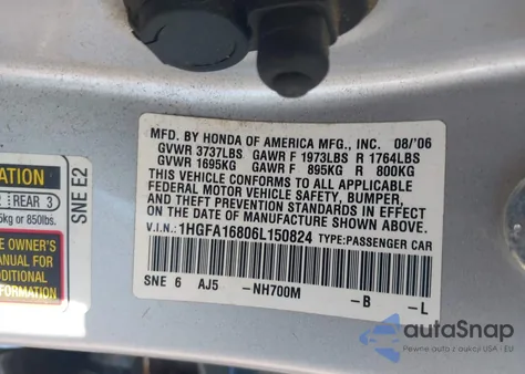 2006 Honda Civic Ex from USA, damaged, VIN 1HGFA16806L150824